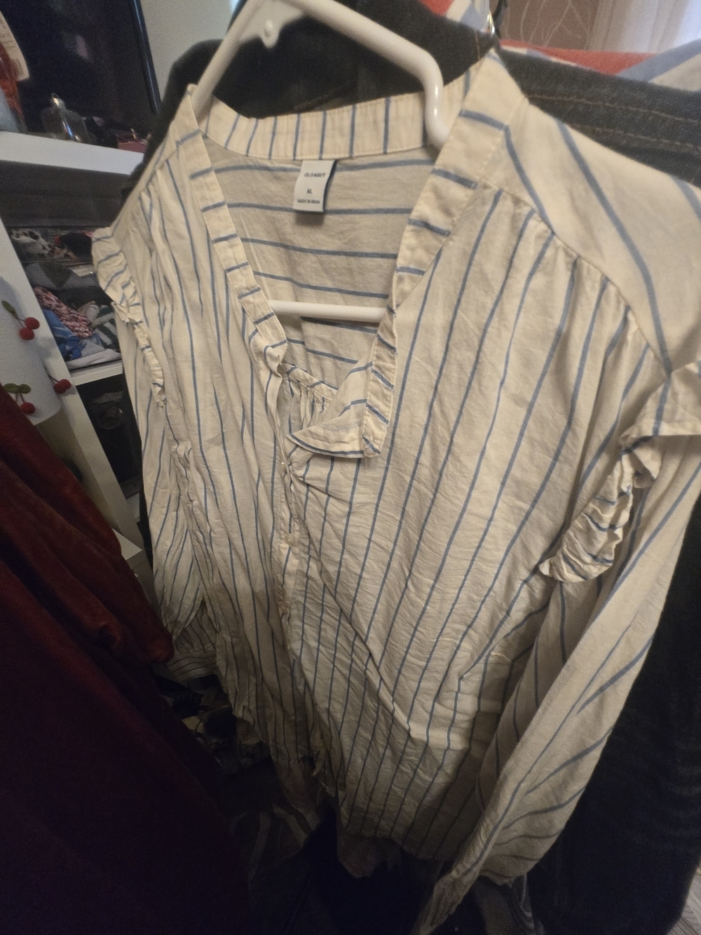 Old Navy Cream Blouse with Blue Pinstripes